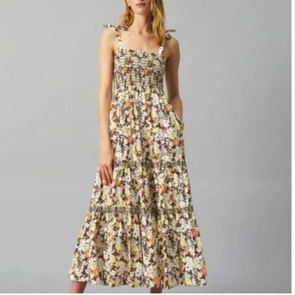 Tory Burch Floral Tie-Shoulder Smocked Sun Dress Reverie Size X Small - Picture 14 of 14